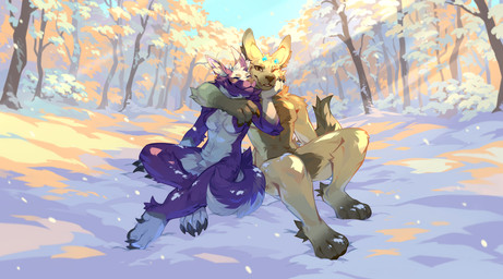 anthro arm_tuft breasts brown_eyes claws crossed_legs dewclaw duo ear_piercing ear_ring elbow_tuft eyes_closed featureless_breasts featureless_crotch female foot_tuft fur hand_on_chin heel_tuft horn hug inner_ear_fluff light light_beam male male/female nude nude_anthro nude_female nude_male one_eye_closed outside pawpads paws piercing plant pointy_ears prick_ears purple_body purple_fur ring_piercing romantic romantic_couple sitting snow sunbeam sunlight tail tan_body tan_fur toe_claws tree tuft white_body white_fur winter corzh77 canid mammal unknown_species 2026 digital_media_(artwork) hi_res