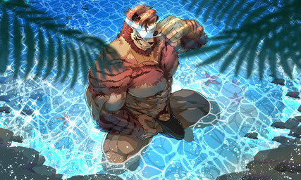abs bulge clothed clothing detailed_bulge erection erection_under_clothing genital_outline genitals hat headgear headwear male mane muscular muscular_male nipples outside palm_tree partially_submerged pecs penis penis_outline plant sea solo swimming_trunks swimwear tree vein veiny_penis visor_cap water waterscape rybiok final_fantasy final_fantasy_xiv square_enix aquatic asterozoan echinoderm felid feline hrothgar mammal starfish hi_res