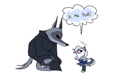 anthro armwear clothing crouching dress duo elbow_gloves eye_contact female fur gloves grey_body grey_fur halo handwear larger_male looking_at_another male red_eyes size_difference smaller_female text white_body white_fur young young_female emositecc dreamworks hellaverse helluva_boss puss_in_boots_(franchise) death_(puss_in_boots) loona_(helluva_boss) angel canid canid_angel canine canis cherub mammal wolf english_text hi_res