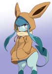 anthro blue_body blue_eyes blue_fur blue_tail blush blush_lines bottomless brown_clothing brown_hoodie brown_topwear clothed clothing featureless_crotch female female_anthro fur gradient_background hoodie looking_at_viewer red_blush simple_background solo standing tail thick_thighs topwear koorinezumi nintendo pokemon eeveelution generation_4_pokemon glaceon pokemon_(species) hi_res