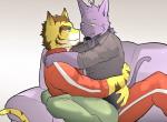 aged_up anthro beard cuddling duo eyebrows facial_hair furniture grey_background hug kemono male male/male middle_aged romantic romantic_couple simple_background smile sofa thick_eyebrows paomer morenatsu shin_(morenatsu) torahiko_(morenatsu) domestic_cat felid feline felis mammal pantherine tiger