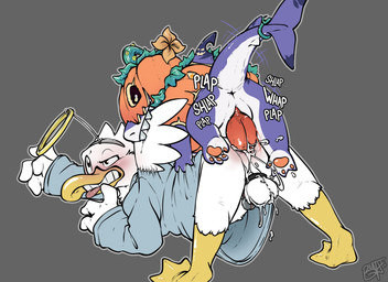 2_penises anal anal_penetration animal_genitalia animal_penis anthro anus balls beak bite blush bodily_fluids butt chastity_cage chastity_device clenched_teeth clothing cum cum_in_ass cum_inside duo erection feathers feral food for_a_head fruit genital_fluids genitals hemipenes holidays male male/male male_penetrated male_penetrating male_penetrating_male multi_genitalia multi_penis nude penetration penile penis plant pumpkin pumpkin_head sex shirt simple_background tail teeth tongue tongue_out topwear benji_(artist) halloween marvel marvel_rivals drake_(an_dork) jeff_the_land_shark anatid anseriform aquatic avian bird duck fish land_shark_(species) mammal object_head shark hi_res