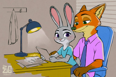 accessory anthro blush bottomwear chair clothed clothing desk duo female fur furniture grey_body grey_fur half-closed_eyes holding_object male male/female narrowed_eyes necktie office office_chair on_lap pants paper shirt sitting sitting_on_lap smile table tail topwear zigrock001 disney zootopia judy_hopps nick_wilde canid canine european_rabbit fox lagomorph leporid mammal oryctolagus rabbit red_fox true_fox absurd_res digital_media_(artwork) hi_res