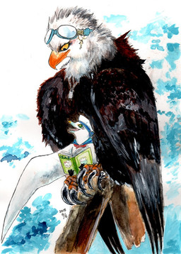 ambiguous_gender anthro beak black_body book claws clothing duo eyewear eyewear_on_head feathered_wings feathers feet feral goggles goggles_on_head green_eyes holding_book holding_object reading size_difference talons toes white_body white_feathers wings yellow_eyes sibaketsu accipitrid accipitriform avian bald_eagle bird eagle gull lari larid sea_eagle 2015 traditional_media_(artwork)