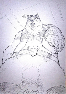 angry anthro belt_buckle buckle claws clothing cross cross-popping_vein cross_necklace eyewear eyewear_on_head goggles goggles_on_head jewelry looking_at_viewer low-angle_view necklace open_mouth reaching_towards_viewer solo topwear vest unknown_artist shirokuma_cafe grizzly_(shirokuma_cafe) bear mammal half-length_portrait hi_res pen_(artwork) portrait traditional_media_(artwork)