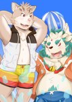 anthro ball beach beach_ball belly bottomwear clothing duo inflatable male seaside shorts sleeveless_hoodie slightly_chubby nazebesu_hobby asian_mythology east_asian_mythology japanese_mythology lifewonders mythology tokyo_afterschool_summoners agyo_(tas) sitri_(tas) domestic_cat felid feline felis foo_dog komainu mammal yokai hi_res