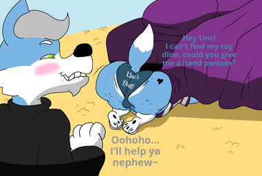adult_on_young age_difference anthro ass_up bed bedroom bedroom_eyes big_butt black_clothing black_nose black_sweater black_topwear blue_body blue_clothing blue_ears blue_fur blue_tail blue_underwear blush bulge butt butt_markings clothing dialogue duo fur furniture green_eyes grey_hair hair half-closed_eyes heart_(marking) heart_symbol inside looking_at_another male male/male markings multicolored_body multicolored_clothing multicolored_fur multicolored_shirt multicolored_t-shirt multicolored_topwear multicolored_underwear narrowed_eyes purple_clothing purple_shirt purple_t-shirt purple_topwear question question_mark rear_view seductive shirt size_difference sweater t-shirt tail teeth text text_on_clothing text_on_underwear thick_thighs three-quarter_view topwear two_tone_body two_tone_clothing two_tone_fur two_tone_shirt two_tone_t-shirt two_tone_tail two_tone_topwear two_tone_underwear under_bed underwear white_body white_clothing white_fur white_shirt white_t-shirt white_tail white_topwear white_underwear young young_anthro young_male younger_male pupsnbuns henry_howl_(pupsnbuns) canid canine canis mammal wolf 2025 digital_media_(artwork) english_text hi_res incest_(lore) nephew_(lore) uncle_(lore) uncle_and_nephew_(lore)