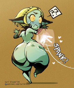 alternate_species big_butt blonde_hair butt butt_slap female hair orange_background rear_view simple_background slap solo text thick_thighs wide_hips yellow_sclera tail-blazer nintendo the_legend_of_zelda princess_zelda fairy imp twili 2024 5:6 hi_res url