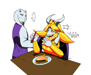 albino anthro armor beard bodily_fluids cape clothing crown crying cutlery dessert displeased duo facial_hair fangs female food fork fur furniture happy headgear horn kitchen_utensils long_ears male pastry pie red_eyes simple_background table tears tears_of_joy teeth text tools white_background white_body white_fur galaxysilver undertale undertale_(series) asgore_dreemurr toriel boss_monster_(undertale) bovid caprine mammal 6:5 english_text hi_res