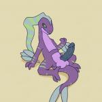 1:1 2018 anthro argon_vile balls biped brown_background comic digital_media_(artwork) erection exclamation_point generation_3_pokemon genitals green_eyes green_markings grovyle heart_symbol hi_res male markings nintendo nude penis pokemon pokemon_(species) purple_body simple_background sitting solo symbiote transformation
