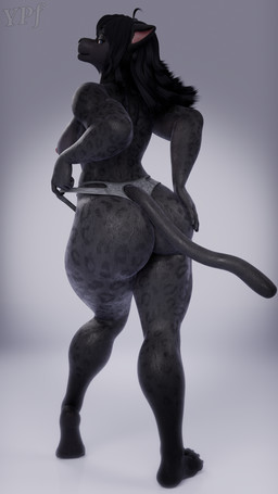 anthro athletic athletic_anthro athletic_female big_butt biped black_body black_eyebrows black_fur black_hair black_lips black_nose blue_eyes bodily_fluids breasts butt clothing clothing_pull eyebrows female fur hair hand_on_butt lips looking_at_viewer looking_back markings melanistic muscular muscular_female nipples panties plantar_flexion simple_background smile smiling_at_viewer solo suggestive sweat sweaty_body sweaty_butt sweaty_legs sweaty_thighs thick_thighs underwear yourperfectionist annoad_(modeler) shani_(annoad) felid mammal pantherine 9:16 absurd_res hi_res