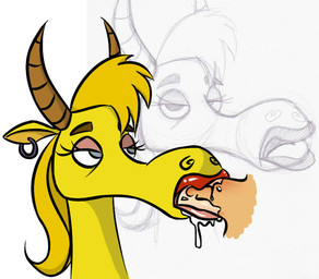 anthro blonde_hair blue_eyes bodily_fluids cum cum_in_mouth cum_inside dripping duo ear_piercing ejaculation eyeshadow fellatio female fur genital_fluids genitals hair horn lipstick long_snout makeup male male/female oral oral_penetration penetration penile penis penis_in_mouth piercing purple_eyeshadow red_lipstick saliva sex snout tongue tongue_out tongue_out_fellatio yellow_body derpydooreviews cartoon_network johnny_bravo_(series) mary_antelope antelope bovid mammal 2015 digital_media_(artwork)