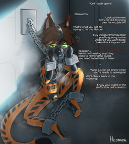 anthro bdsm bondage bondage_gear bondage_gloves bound bulge chain clothing collar confinement cuff_(restraint) dialogue gag gag_mask gagged handwear latex latex_clothing latex_skinsuit lock lock_symbol looking_down male metal_collar muzzle_(object) muzzled null_bulge prison prison_suit prison_uniform prisoner restraints shackles skinsuit solo text tight_clothing hiconnen mittens_(tylerfloof) felid feline mammal english_text hi_res