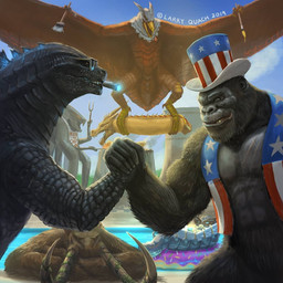 ambiguous_gender apron clothing decapitation feral group hat headgear headwear holidays paint severed_body_part severed_head swimming_pool water larry_quach 4th_of_july european_mythology godzilla_(series) godzilla_vs._kong monsterverse mothra_(series) mythology toho behemoth_(godzilla) godzilla king_ghidorah king_kong mothra rodan_(toho) ape arthropod dragon ghidorah_(species) gorilla haplorhine insect kaiju lepidopteran mammal moth muto_(godzilla) mythological_creature mythological_scalie primate reptile scalie western_dragon 1:1