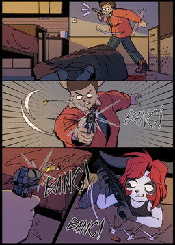 anthro attempted_murder bed blood blood_puddle bodily_fluids bottomwear bullet_casing bullet_hole clothed clothing corpse death denim denim_bottomwear denim_clothing female franchi_pa-3 fur furniture grey_ears grey_hands group gun gunfight gunfire gunshot hair handgun hiding holding_gun holding_object holding_ranged_weapon holding_weapon inside jeans m1911 male no_pupils pants pistol raised_tail ranged_weapon red_hair shell_(projectile) shirt shooting shooting_gun short_hair shotgun_shell sound_effects sweat tail tank_top text topwear trio under_bed weapon white_body white_eyes white_fur kosatich colt's_manufacturing_company fabbrica_d'armi_pietro_beretta franchi_s.p.a. elisa_(kosatich) felid feline felis lagomorph leporid mammal rabbit 2024 comic digital_media_(artwork) english_text halftone hi_res multiple_scenes