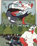 abs angry anthro blood bodily_fluids clothed clothing duo featureless_crotch fight fist forest fur gloves grey_body grey_fur grey_wings hair handwear holding_body male onomatopoeia open_mouth plant punch rolling sound_effects standing sweat sweatdrop text topless topless_male tree white_hair wings 60percentscalie dovak vauruk bat demon mammal scalie comic english_text hi_res