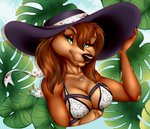 anthro bikini bikini_top breasts cleavage clothed clothing female floral_print flower hat headgear headwear heart_symbol jewelry necklace plant solo swimwear two-piece_swimsuit boston.babe all_dogs_go_to_heaven don_bluth sasha_la_fleur bird_dog canid canine canis domestic_dog hunting_dog irish_setter mammal setter