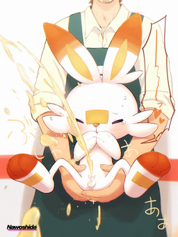 anthro apron assisted_peeing balls blush bodily_fluids carrying_another clothing duo eyes_closed foreskin genital_fluids genitals holding_body human_on_anthro humanoid_genitalia interspecies male male_peeing peeing peeing_on_viewer penis small_penis tears text thin_legs urine urine_stream young young_anthro young_male nawoshida nintendo pokemon generation_8_pokemon human lagomorph leporid mammal pokemon_(species) rabbit scorbunny 2025 3:4 artist_name detailed digital_drawing_(artwork) digital_media_(artwork) hi_res japanese_text