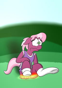 bottomless burning butt butt_from_the_front butt_on_fire cheerleader_outfit clothed clothing coal female feral fire frown pain sitting smoke solo tail toony uhoh hot_rolls friendship_is_magic hasbro my_little_pony cheerilee_(mlp) earth_pony equid equine horse mammal pony absurd_res digital_media_(artwork) hi_res