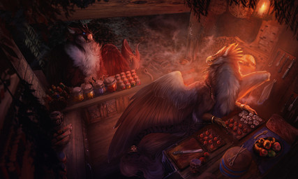 ambiguous_gender appliance brown_body brown_fur candy dessert detailed_background duo feral fireplace food fur inside jelly_(food) kitchen kitchen_appliance kitchen_stove kitchen_utensils stove tools white_body white_fur isvoc mythology avian gryphon mythological_avian mythological_creature 2025 5:3 hi_res
