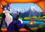 anthro black_sclera blue_body blue_fur camera camping fire fireplace fur landscape male painting plant scenery solo tent tree cynthiafeline alps icefox joka canid canine fox mammal