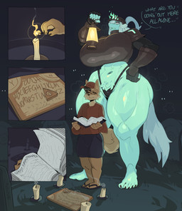 5_fingers 5_toes anthro armor barefoot big_breasts bodily_fluids book bottomless breasts candle clothed clothing dialogue feet female female_anthro fingers footwear holding_lantern holding_object huge_breasts lamp lantern larger_female male male_anthro midriff ouija_board planchette sandals shoes size_difference sweat talking_to_another text thick_thighs thong toes underwear nanokindred warden_(nanokindred) canid canine canis domestic_dog ghost mammal spirit 2025 absurd_res comic digital_media_(artwork) english_text hi_res