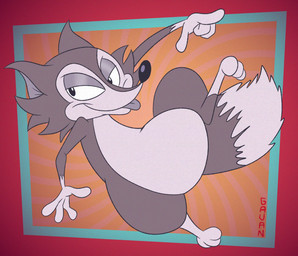4_fingers anthro fingers fur gesture grey_body grey_fur grin hand_gesture male orange_background pointing pose simple_background smile smug solo tongue tongue_out gavanzude canid canine fox grey_fox mammal urocyon alternate_version_at_source hi_res signature