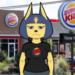 anthro blue_hair breasts clothed clothing disappointed fast_food female food hair logo_on_shirt makeup restaurant solo yellow_body ay03 animal_crossing burger_king nintendo ankha_(animal_crossing) domestic_cat felid feline felis mammal 1:1 hi_res shaded simple_shading