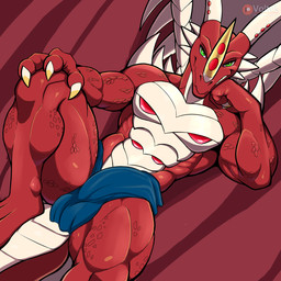 abs anthro biceps biped bodily_fluids bottomwear bulge claws clothed clothing detailed_bulge digitigrade erection genital_outline genitals green_eyes grey_body grey_scales horn horn_jewelry jewelry loincloth loincloth_only looking_at_viewer lying male male_anthro membrane_(anatomy) membranous_wings multicolored_body muscular muscular_anthro muscular_male narrowed_eyes on_back on_side pecs penis_outline red_body scales solo spikes spread_legs spread_wings spreading tail teeth teeth_showing toothy_grin topless topless_anthro topless_male two_tone_body wings voltek bandai_namco digimon mythology digimon_(species) dragon examon mythological_creature mythological_scalie scalie 1:1 digital_media_(artwork) hi_res watermark