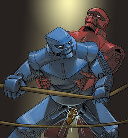 anal blue_body bodyguard_position competition duo erection fighting_ring from_behind_position genitals machine male male/male male_penetrated male_penetrating male_penetrating_male not_furry penetration penis red_body sex sexual_competition sexual_fight standing standing_sex berububs rockem_sockem_robots blue_bomber red_rocker robot