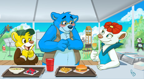 anthro blue_body blue_eyes blue_fur camera cheek_tuft closed_smile eyelashes eyewear facial_tuft female female_anthro food fur glasses glistening glistening_eyes group head_tuft logo male male_anthro mouth_closed movie_set open_mouth open_smile overweight overweight_anthro overweight_male pink_tongue smile standing tongue trio_focus tuft white_body white_fur yellow_body yellow_fur young young_anthro young_male pandapaco parinton bear giant_panda mammal porcupine rodent absurd_res artist_logo hi_res signature