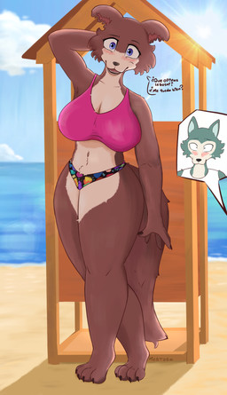 anthro barefoot beach big_breasts blush bottomwear breasts brown_body brown_fur clothed clothing curvy_figure dialogue duo feet female fur grey_body grey_fur looking_at_viewer male male/female open_mouth outside sand sea seaside sky speech_bubble swimwear tail text thick_thighs topwear voluptuous voluptuous_anthro voluptuous_female water wide_hips mestysa beastars juno_(beastars) legoshi_(beastars) canid canine canis mammal wolf 2025 absurd_res hi_res spanish_text