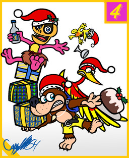 3_toes 4_fingers anthro backpack beak belly belt belt_buckle big_nose black_belt black_claws black_nose blue_backpack blue_eyes bone border bottle bottomwear box brown_body brown_bottomwear brown_clothing brown_fur brown_loincloth buckle cake carrying_another christmas_clothing christmas_headwear christmas_present claws clenched_teeth clothed clothed_anthro clothed_male clothing container cup dessert dipstick_tail drinking_glass eyelashes feathered_wings feathers featureless_crotch feet female female_feral feral finger_claws fingers food fruit_cake fur gift gift_box glass glass_container glass_cup green_eyes group hat hat_falling_off headgear headwear holding_bottle holding_container holding_gift holding_object holding_plate holidays holly_(plant) in_backpack light loincloth magic_user male male_anthro male_humanoid markings midair multicolored_body multicolored_feathers number on_one_leg open_mouth open_smile orange_belly plant plate purple_body purple_skin red_body red_clothing red_feathers red_hat red_headwear red_wings santa_hat shaman shirtless_anthro shirtless_male shorts simple_background sitting_on_box skull skull_head smile smiling_at_viewer standing tail tail_feathers tail_markings tan_body tan_feet tan_hands tan_inner_ear tan_skin teeth text_box toe_claws toes tooth_necklace toothed_beak tribal_spellcaster two_tone_body two_tone_feathers whisker_spots white_background wine_glass wings worried_look yellow_beak yellow_body yellow_border yellow_bottomwear yellow_clothing yellow_shorts yellow_skin yellow_tail_tip captainquack64 banjo-kazooie christmas rareware banjo_(banjo-kazooie) kazooie mumbo_jumbo_(banjo-kazooie) avian bear breegull humanoid jinjo mammal 2022 colored digital_drawing_(artwork) digital_media_(artwork) english_description hi_res lighting signature