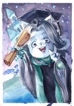 anthro clothed clothing diploma fur graduation graduation_cap hair open_mouth solo topwear white_body white_fur paurachan undertale undertale_(series) temmie_(undertale) canid canine felid feline mammal tem hi_res