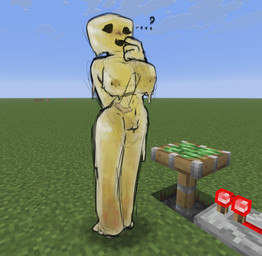 big_breasts breasts dildo end_rod eyelashes female genitals nipples nude open_mouth piston question_mark sex_toy slime solo square_(anatomy) text vulva yellow_body alexleviafan microsoft minecraft mojang xbox_game_studios goo_creature humanoid sulfur_cube_(minecraft) digital_media_(artwork)