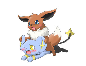 all_fours ambiguous_gender blue_body blue_eyes blue_fur blush brown_body brown_fur duo feral fur male on_top one_eye_closed open_mouth straddling tuft yellow_eyes humphreywolf2012 nintendo pokemon canid canine eevee felid generation_1_pokemon generation_4_pokemon mammal pokemon_(species) shinx