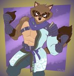 abstract_background anthro arm_tuft armor belt brown_body brown_fur cheek_tuft elbow_tuft facial_tuft fist flexing fur glistening_muscles grey_eyes male markings muscular scar scarf smug solo tan_markings tuft utility_belt gavanzude epic_games fortnite hajime_(fortnite) canid canine mammal raccoon_dog tanuki alternate_version_at_paywall digital_drawing_(artwork) digital_media_(artwork) hi_res signature