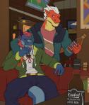 alcohol anthro barbel_(anatomy) beard beverage bottle bottomwear bulge clothed clothing container duo facial_hair flesh_whiskers fully_clothed hair horn jacket liquor male male/male pants shirt tail topwear rsotart asian_mythology east_asian_mythology mythology ryss dragon eastern_dragon mythological_creature mythological_scalie scalie 2019 digital_media_(artwork) hi_res