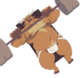 anthro barbell belly big_belly bodily_fluids body_hair bulge chest_hair clothed clothing detailed_bulge exercise facial_hair genital_outline goatee high-angle_view jockstrap jockstrap_only male manly moobs musclegut muscular navel nipple_piercing nipples overweight overweight_male pecs penis_outline piercing pubes simple_background slightly_chubby solo sweat sweatdrop thick_thighs topless underwear underwear_only weightlifting white_background white_clothing white_jockstrap white_underwear workout 13uckaroo bovid bovine cattle mammal hi_res