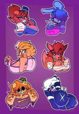 angry annoyed anthro armwear bandage bandaged_arm bandaged_ear beak big_breasts black_lips blonde_hair blue_clothing blue_eyes blue_eyeshadow blue_shirt blue_topwear bottomwear bow_tie breast_size_difference breasts brown_body brown_fur brown_hair buckteeth chef_hat chest_wraps claws cleavage clothed clothing confusion crossgender ear_piercing ear_ring eating eating_food elbow_gloves eye_patch eyeshadow eyewear fangs female floating_head food fur gesture gloves grin grinning_at_viewer group hair hair_over_eye hand_gesture handwear hat headgear headwear heart_eyes heart_print heart_symbol holding_food holding_object holding_pizza huge_breasts lips long_hair looking_at_viewer looking_back looking_back_at_viewer makeup mtf_crossgender no_pupils non-mammal_breasts open_mouth orange_eyes piercing pink_bottomwear pink_clothing pink_eyes pink_shorts pizza ponytail purple_body purple_clothing purple_eyeshadow purple_fur purple_hair purple_shirt purple_topwear red_body red_fur red_hair red_lips ring_piercing sharp_teeth shirt short_hair shorts smile smiling_at_viewer sticker sticker_pack striped_hair tail teeth top_hat topwear torn_clothing torn_shirt torn_topwear v_sign white_clothing white_gloves white_handwear wraps zipper cryptiacurves fazclaire's_nightclub five_nights_at_freddy's five_nights_at_freddy's_2 scottgames bonfie_(cryptiacurves) bonnie_(fnaf) chica_(fnaf) chiku_(cryptiacurves) fexa_(cryptiacurves) fexa_2.0_(cryptiacurves) foxy_(fnaf) freddy_(fnaf) frenni_(cryptiacurves) golden_freddy_(fnaf) marie_(cryptiacurves) marionette_(fnaf) type_0_(cryptiacurves) avian bear bird canid canine chicken fox galliform ghost humanoid lagomorph leporid mammal phasianid rabbit spirit absurd_res digital_drawing_(artwork) digital_media_(artwork) hi_res