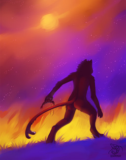 ambiguous_gender anthro biped butt cloud digitigrade duo feral fire grass nude outside plant sky solo_focus star starry_sky sunset tail valderic_blackstag aquatic arthropod crustacean shrimp unknown_species 2012 digital_media_(artwork)