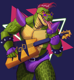 anthro bass_guitar clothing eyewear fingerless_gloves glasses gloves green_body guitar hair handwear machine male mohawk musical_instrument plucked_string_instrument red_hair shoulder_pads solo string_instrument sunglasses tongue tongue_out rneves_069 tusky_rayan_(artist) five_nights_at_freddy's five_nights_at_freddy's:_security_breach scottgames steel_wool_studios montgomery_gator alligator alligatorid animatronic crocodilian reptile robot scalie 2021 hi_res