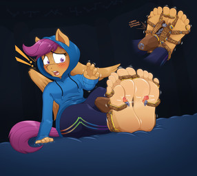 5_toes anthro anthrofied barefoot blush bodily_fluids bottomwear bound captured clothed clothing cuff_(restraint) feet female foot_fetish fully_clothed hoodie humanoid_feet pants plantigrade purple_eyes restrained restraints shackles sitting soles solo submissive submissive_female sweat sweatdrop sweatpants tickle_fetish tickle_torture tickling tickling_feet tickling_machine toe_restraints toes topwear wings caroo friendship_is_magic hasbro my_little_pony mythology scootaloo_(mlp) equid equine mammal mythological_creature mythological_equine pegasus hi_res