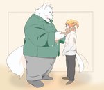 anthro blush bottomwear clothing duo eyes_closed humanoid_hands kemono male overweight overweight_male pants scarf sweater topwear inunoshippo canid canine canis domestic_dog mammal 2022 hi_res