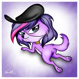 blue_eyes butt clothing collar female feral flat_cap fur genitals hair hat headgear headwear looking_at_viewer looking_back multicolored_hair pawpads presenting presenting_hindquarters purple_body purple_fur purple_hair smile solo two_tone_hair vulva koffeekuma hasbro littlest_pet_shop littlest_pet_shop_(2012) zoe_trent bird_dog canid canine canis cavalier_king_charles_spaniel domestic_dog hunting_dog mammal spaniel toy_dog 1:1 2013 absurd_res digital_media_(artwork) hi_res