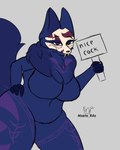 anthro big_breasts bone_mask breasts dark_body dark_fur female fur holding_object holding_sign looking_at_viewer mask mithala neck_tuft purple_body purple_fur sign simple_background slightly_chubby solo text thick_thighs tuft mzzrlaraz 4:5 absurd_res digital_media_(artwork) hi_res