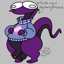 2_toes 3_fingers anthro balls big_butt big_eyes black_balls black_body black_penis blush blush_stickers bottomless bottomless_anthro bottomless_male butt clothed clothed_anthro clothed_male clothing feet fingers foreskin genitals glans grey_background humanoid_genitalia humanoid_penis male multicolored_body penis pigeon_toed pink_glans purple_body simple_background solo sweater sweater_only tail text thick_thighs toes topwear topwear_only two_tone_body wide_hips toni_oni amphibian humanoid newt salamander 1:1 english_text signature