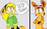 2_panel_comic blonde_hair clothing crossed_arms dialogue duo ears_down ears_up eyewear eyewear_on_head female fur goggles goggles_on_head hair male nude orange_body orange_fur pivoted_ears surprise najalatte jak_and_daxter naughty_dog sony_corporation sony_interactive_entertainment daxter mammal mustelid ottsel digital_media_(artwork) hi_res