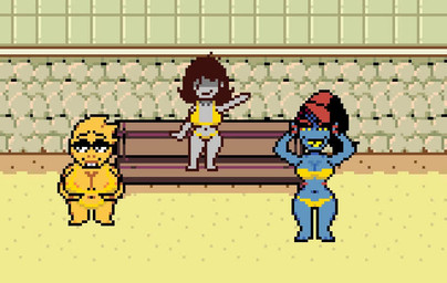 anthro areola areola_slip beach bikini bouncing_breasts breasts cleavage clothed clothing dancing female gold_bikini group navel outside public swimwear trio two-piece_swimsuit bladedbard deltarune golden_week undertale_(series) alphys undyne vessel_(deltarune) vessie_the_vessel humanoid animated digital_media_(artwork) no_sound pixel_(artwork) pixel_animation short_playtime video