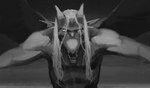 anthro biceps deltoids gradient_background hair horn humanoid_pointy_ears long_hair looking_at_viewer male membrane_(anatomy) membranous_wings open_mouth pecs pointy_ears simple_background solo teeth white_eyes wings malorne disney gargoyles brooklyn_(gargoyles) gargoyle monochrome